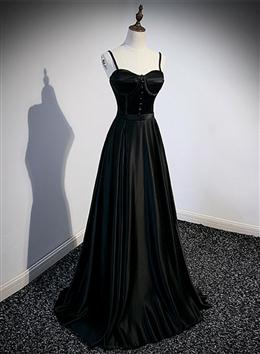 Picture of Black Color Satin Straps Long Party Dresses, Black Color Sweetheart Long Evening Dresses Formal Dresses